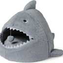 Amazon Basics Shark Shape Cat House for Indoor Cats, Enclosed Design Helps Reduce Anxiety in Nervous Pets, with Washable Cushioned Pillow, 17" x 16" x 14", Grey