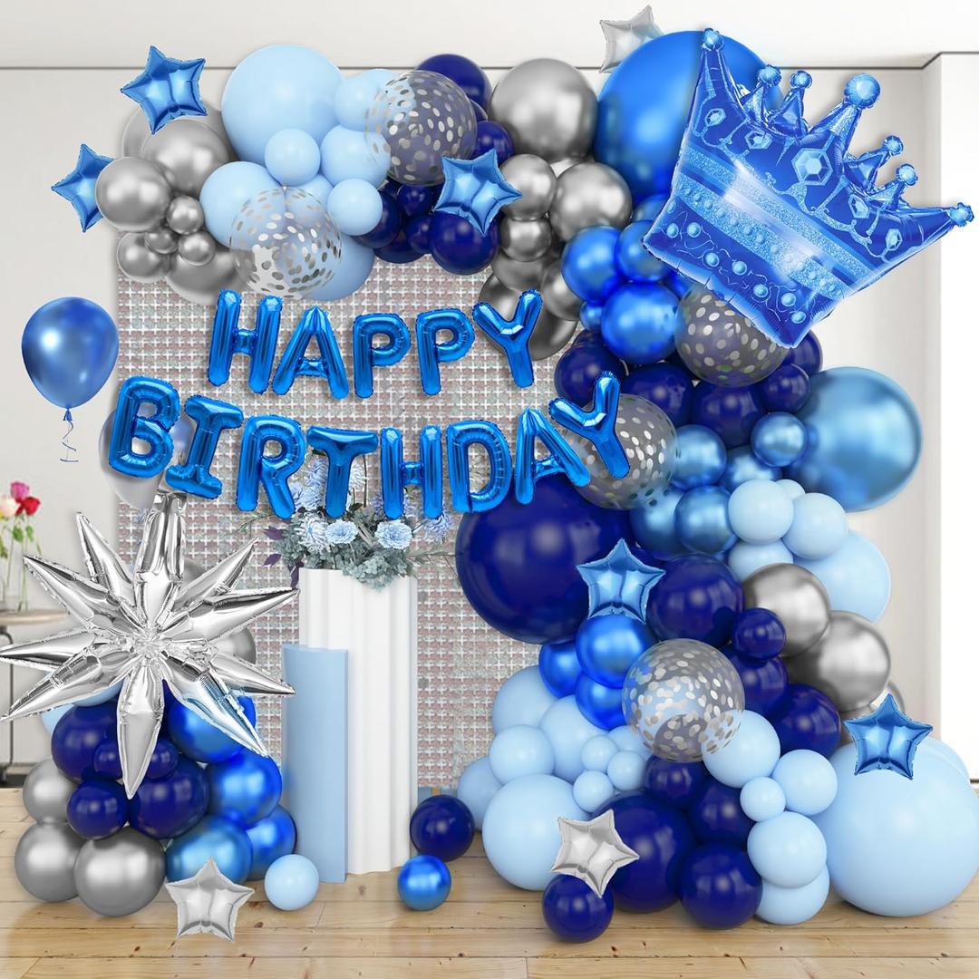 Ouddy Life 164Pcs Blue and Sliver Birthday Decorations for Men Boys, Navy Blue Balloons Kit with Happy Birthday Crown Star Foil Balloons Fringe Curtains for 21st, 25th 30th 50th Party