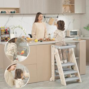 UNCLE WU Kids Step Stool, Foldable Toddler Standing Tower with Safety Rail, Perfect for Kitchen & Bathroom Use  Includes Faucet Extender (Gray White)