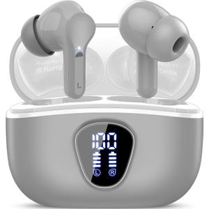 Wireless Earbuds, Bluetooth 5.4 Headphones HiFi Stereo, Bluetooth Earbuds with ENC Noise Cancelling Mic, IP7 Waterproof in Ear Earphones, 48H, LED Display Ear Buds for Pad Workout Sports, Grey