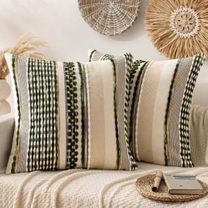ANRODUO Pack of 2 Boho Decorative Throw Pillow Covers 26x26 Farmhouse Cushion Case Striped Chenille Pillow Cases Square Pillow Covers Accent Neutral Pillowcase for Sofa Couch Bed, Olive Green Stripe