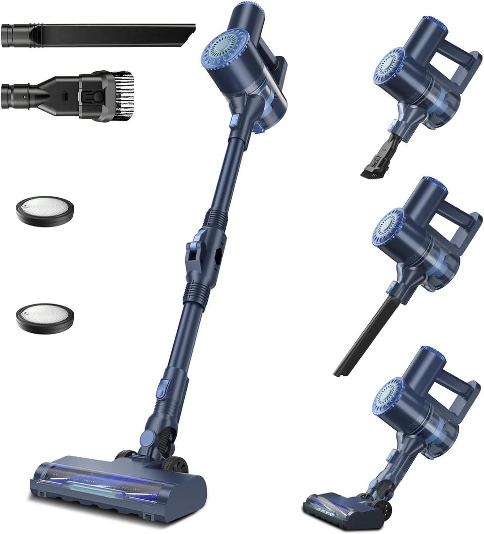 Cordless Vacuum Cleaner, Lightweight Stick Vacuum Cleaner, 6 in 1, Self-Standing with Powerful Suction, 180 Bendable Wand Rechargeable Cordless Vacuum for Hardwood Floor (Blue)