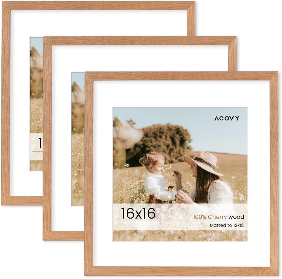 16x16 Picture Frame, Solid Wood Cherry Wood 16 x16 Photo Frame, 16x16 Square Picture Frame, 16"x16" Frame Matted to 12x12, HD Tempered Glass, 16 x 16 Wood Frame for Wall (Natural Cherry Color, 3 Pack) (16''x16''-3P)