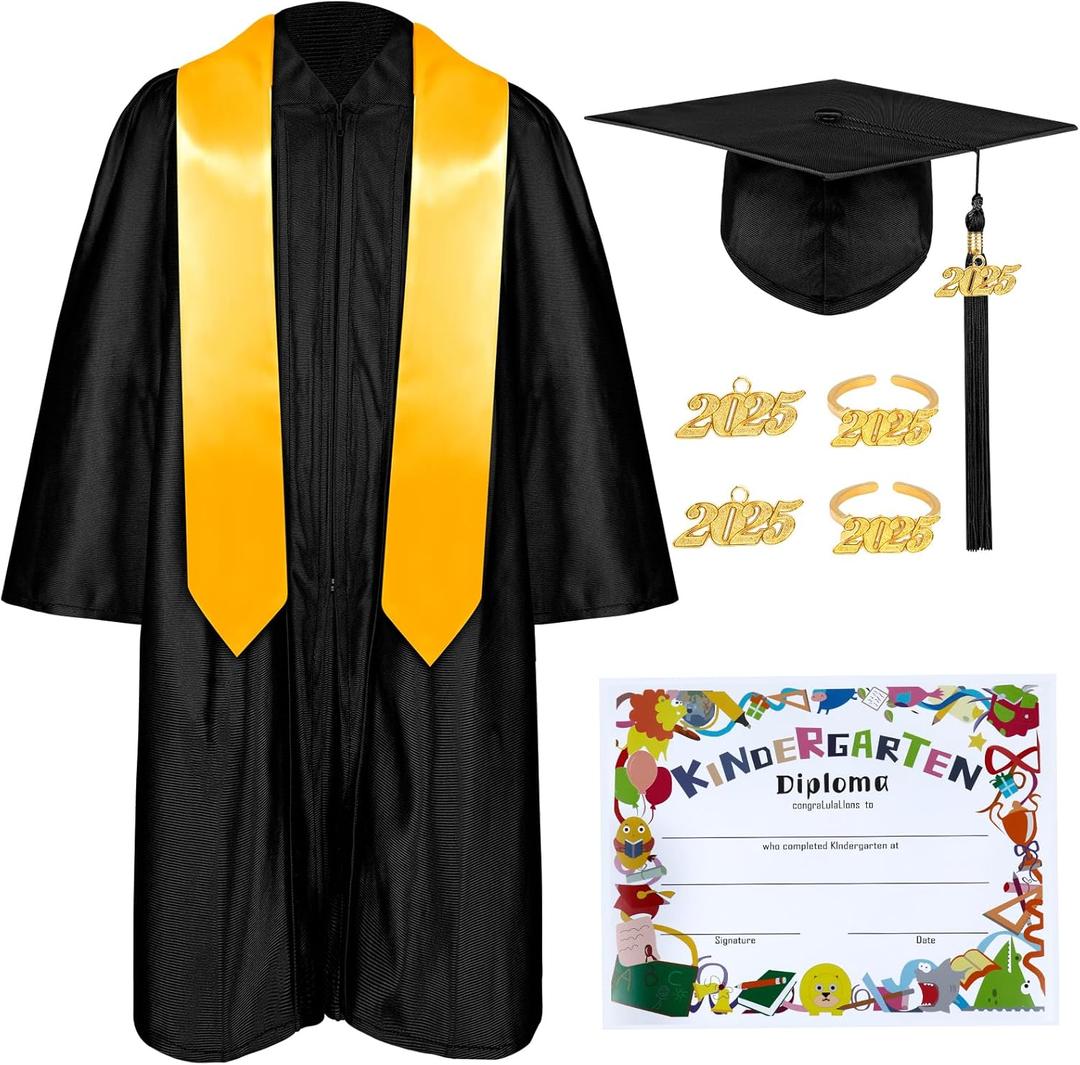 Kindergarten Graduation Cap and Gown Set with Tassel 2025 Charms Graduations Stoles for Kid Preschool (33, Black)