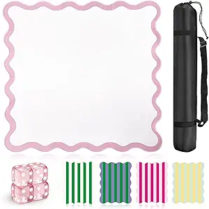 ZWFCGMMBC 32.4in Scalloped Mahjong Mat，Anti Slip Noise Reduction Mahjong Accessorie Mahjong Table Mat，Comes with 4 Dice and 1 Mahjong Mat Storage Bag,4 Mahjong Shuffle Cards (Pink)