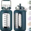 MUKOKO 84oz Glass Water Bottle with Time Marker and Silicone Sleeve 2.5L Water Jug with Stainless Steel Handle Gallon Drinking Bottle with 2-in-1 Lid Wide Mouth BPA Free, Dark Blue