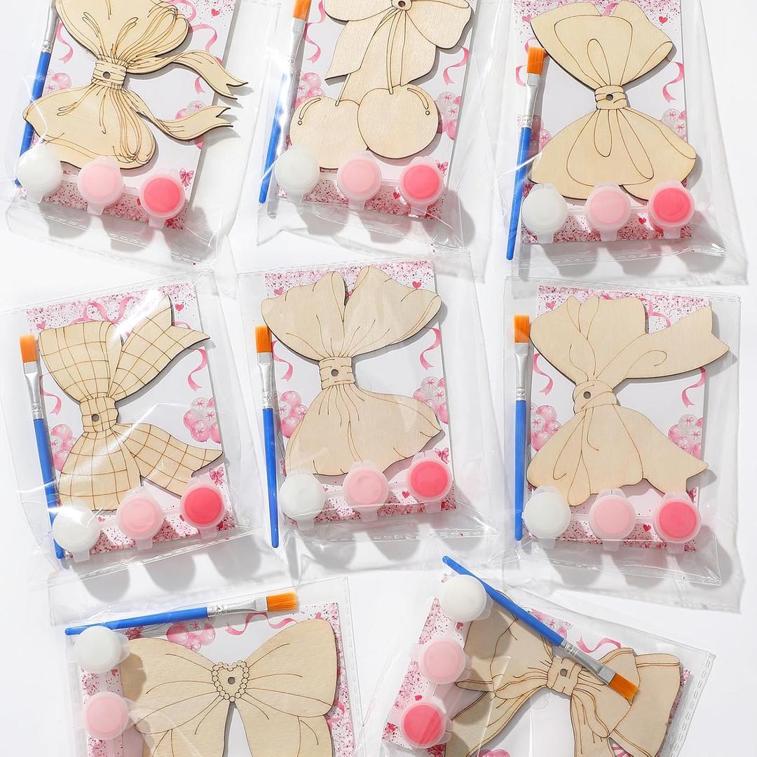 Saypacck 24 Pcs Party Favors Wooden Painting Craft Kits Birthday Party Supplies with Organza Bag for Goodie Bags Fillers Adult Thank You Gifts(Pink Bow)