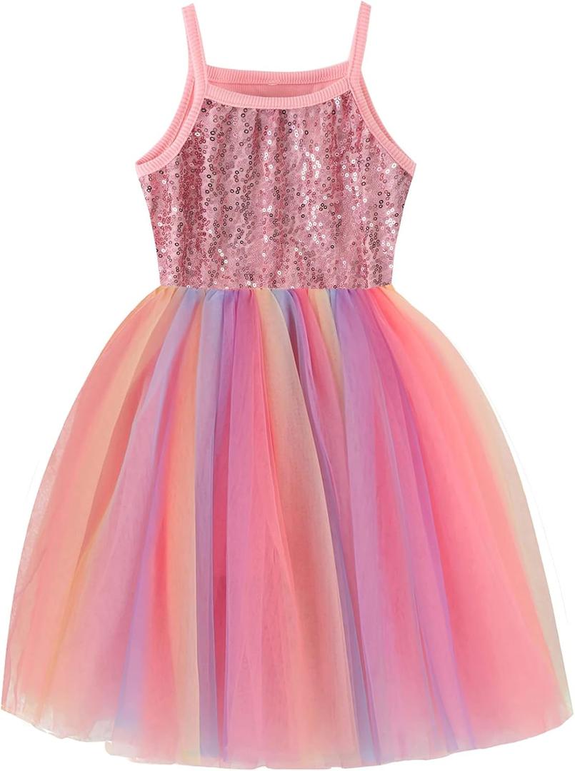 Baby Girls Tutu Dress Long Sleeve Toddler Sleeveless Dresses Infant Tulle Sundress (12 Months, 0-1sequin Pink Rainbow)