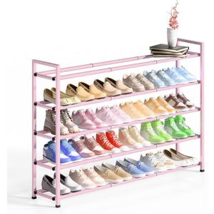 Bumusty 5-Tier Long Expandable Shoe Rack for Closet, 18"-44" Adjustable Shoe Rack for Entryway, 25-30 Pairs Large Shoe Organizer Shelf Storage, Sturdy Metal, Pink