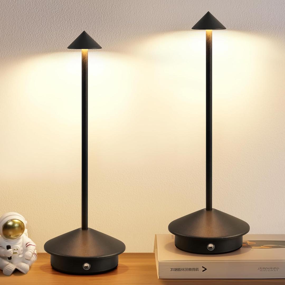 Modern Cordless Table Lamp Set of 2, Portable LED Desk Lamps, 5000mAh Rechargeable Battery Operated Lighting for Bedroom Dining Room Restaurant Coffee Shop Camping Night Light (Black)
