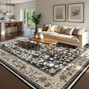 Softlife 4x6 Washable Area Rug for Living Room, Black Camel Non-Slip Rugs for Bedroom, Small Vintage Indoor Mat Under Dining Table, Oriental Modern Print Carpets for Kids Boys Girls