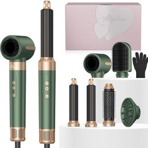 7 in 1 Blow Dryer Brush, Air Wrap Brush Set Hair Dryer Brush 110,000 RPM with Negative Ion Hair Styler Dry, Curling, Volumizing, Straightening and Styling (Green)