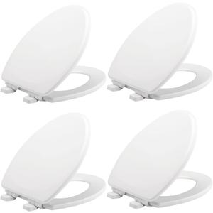 Mayfair Linden Slow Close Toilet Seat, Non Slip Heavy Duty Wood, Easy Install, Made in USA, Elongated, White, 4 Pack
