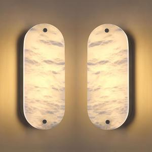 2 Pack 2 Light Oval 12" Alabaster Marble Bathroom Wall Sconce Modern Concise Style Wall Light Fixture,Dark Gray Finish for Bedroom Hallway Bedside