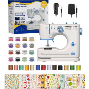 Portable Sewing Machine, Lncludes Beginner Basic Sewing Machine Kit, 12 Stitch Patterns Built-In, Versatile 2-Speed Foot Pedal, Great for Beginners, Adults, Home Use - Blue and White