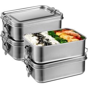4 PCS Bento Boxes, 850 ML Stainless Steel Lunch Boxes, Food Storage Containers, Portable Metal Lunch Containers, Lockable Clips to Leak Proof, Reusable Dishwasher Safe Lunch Snack Boxes