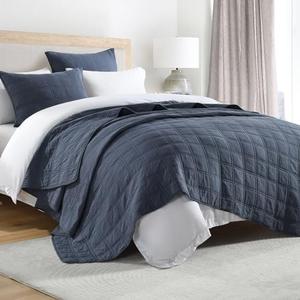 HORIMOTE HOME 100% Cotton Quilt Set Queen Size, Denim Blue Pre-Washed Bedspreads Coverlet Set in Geometric Pattern, Cozy Lightweight Stitching Decorative Bedding Cover with 2 Shams for All Season