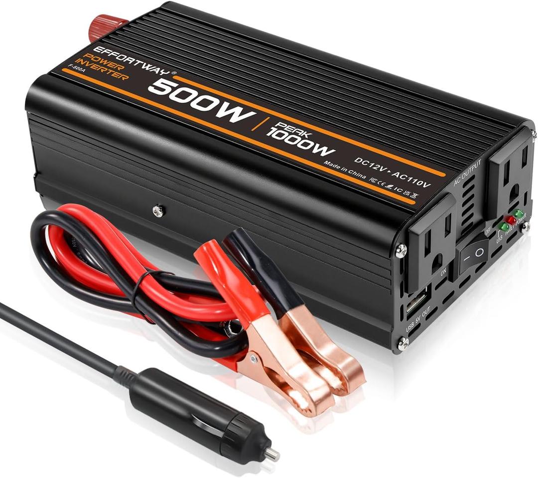 500W Power Inverter, Inverter 12V to 110V with 2 AC Outlets, 2.1A USB Port, Car Power Inverter with Alligator Battery Clamp for Phone, Laptop on Camping, Road Trip