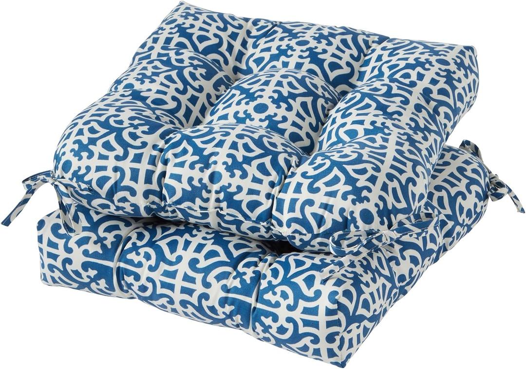 20x20 Square Tufted Outdoor Seat Cushion, Reversible Patio Chair Cushion with Ties, Durable Polyester Fabric, Eco-Friendly Recycled Fill, Weather-Resistant – Indigo Blue Lattice, Set of 2