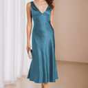 Summer Satin V Neck Backless Midi Dresses for Women 2025 Silky A line Formal Low Back Sleeveless Wedding Guest Long Dress (Blue, L)