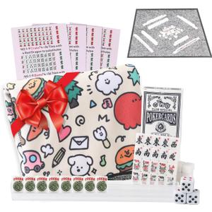 Travel Mini American Mahjong Set - 166 White Tiles Includes Jokers 0.8" White Melamine Material - with Instructions, Cards and Game Tablecloth 4 All-in-One Racks and Pushers (Cartoon Graffiti)