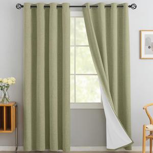Yakamok Linen Sage Curtains 100% Blackout 84 Inches Long, Room Darkening Textured Drapes for Living Room, Thermal Grommet Bedroom Curtains 2 Panels with Greyish White Liner
