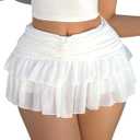 Women's Ruffle Ruched Skirts Tiered Layer Elastic Streetwear Mini Skirt Y2K Coquette Low Waist Flared Short Skirts (Large, White)