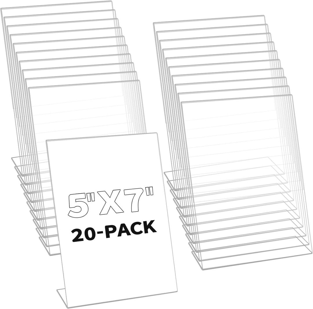20 Pcs Acrylic Sign Holder,5 x 7 Inch Plastic Sign Holder,Slant Back Design Table Sign Holders,Clear Sign Holder Display Table Stand,Acrylic Display Stand for Office, Home, Restaurant