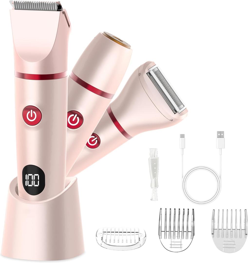 Bikini Trimmer for Women, Electric Razor for Pubic Hair 3-in-1, Bikini Shaver for Legs Body Hair, Womens Electric Razor IPX6 Waterproof, Gifts for Women, Pink
