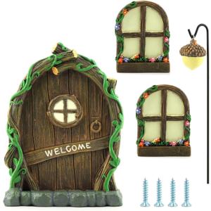 Miniature Fairy Door and Windows Garden Kit Accessories,Glow in The Dark Fairy Door Windows Yard Art Sculpture Decoration Garden Decor(Wood)