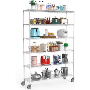 6 Tier NSF Wire Shelf Shelving Unit, 18 x 60 x 87.5 Inch 6000lbs Capacity Heavy Duty Adjustable Storage Metal Rack with Wheels/ Leveling Feet & Shelf Liners, Ideal for Garage, Kitchen, and More - White
