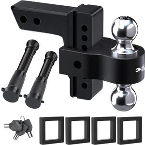 Adjustable Trailer Truck Drop Hitch - Fits 2 Inch Receiver Only, 6 Inch Drop Dual Ball Mount 2" and 2-5/16" Up to 12,500 LBS GTW, Heavy Duty Aluminum Towing Hitch with 2 Hitch Locks & 4 Silencer Pads , Black