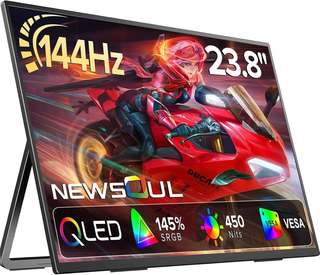 23.8'' QLED Portable Monitor 144Hz Gaming Monitor, 145%sRGB | 2000:1 | FreeSync Built-in Adjustable Stand, Speaker and VESA, USB-C HDMI Large Second Screen for Laptop, Mac-book, PC, Game Console