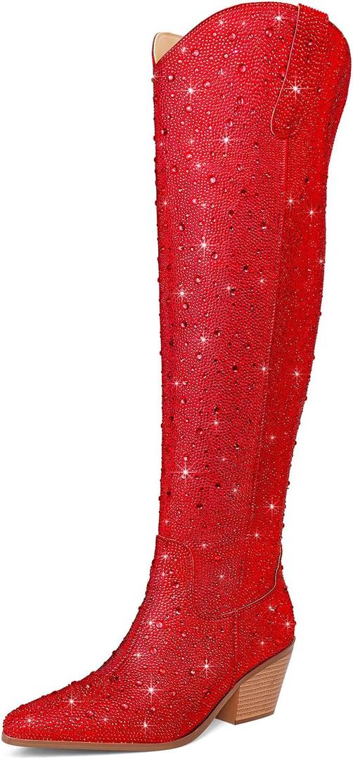 Women Rhinestone Over the Knee Cowboy Boots, Sparkly Bling Cowgirl Boots Western Thigh High Boots Pull-On Side Zippers Chunky Heel Pointed Toe Size5-12 For Fashion&Daily (Red)
