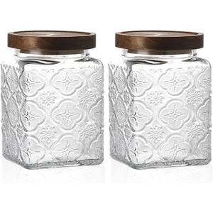 Snminetal Vintage Glass Airtight Storage Jar Set of 2, With Airtight Wood Lid, Kitchen Food Storage Containers,Suitable for storage Tea leaves,Coffee Beans,dried fruits, cereals, etc(Plum pattern)