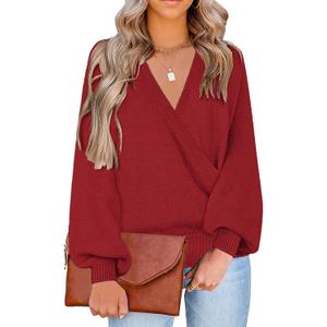 LookbookStore Women's Knit Long Sleeve Faux Wrap Surplice V Neck Sweater Top (Large, Haute Red)