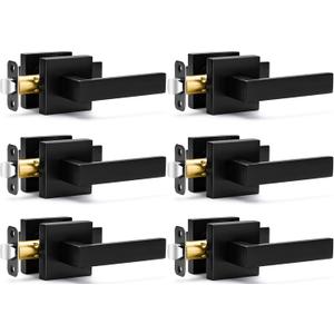 6 Pack Passage Door Handles Matte Black Door Knobs, Interior Door Knobs Square Heavy Duty Non-Locking Handlesets Hall Closet Handles, Reversible for Right & Left Sided Doors