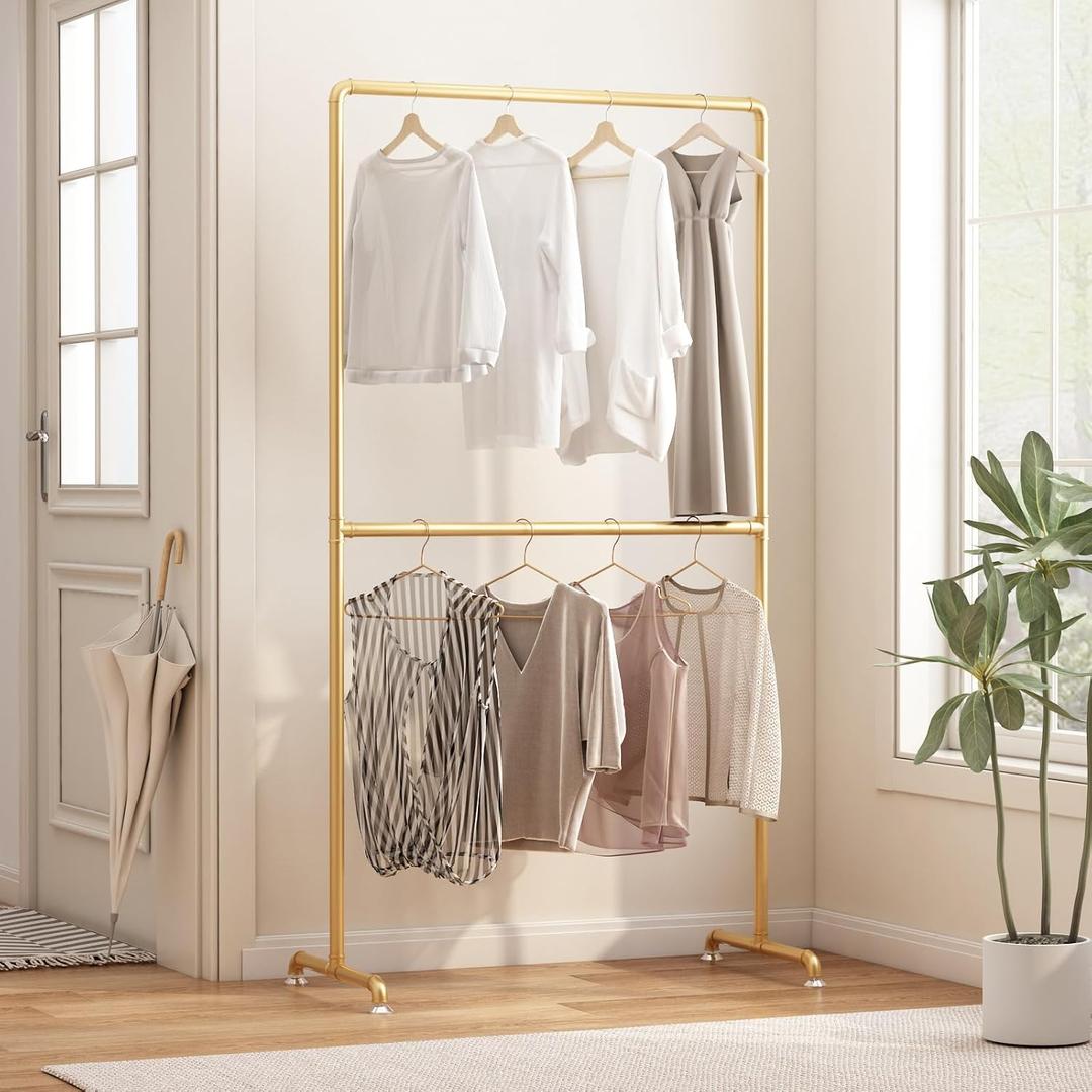 Industrial Pipe Clothing Rack, Heavy Duty Metal Clothes Rack with Double Rods, Freestanding Garment Rack for Bedroom Boutique Retail Use (Gold)