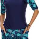 Tournesol Women's Two Piece Rash Guard Short Sleeve Swim Shirts UPF 50+ Built in Bra Swimsuit with Boyshorts with Pockets (X-Large, Navy Blue & Green Leaf)