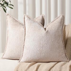 DEZENE Pack of 2 Tan Euro Shams Pillow Covers 26x26 Cozy Soft Chenille Decorative Throw Pillow Covers Accent Vintage Square Couch Pillow Covers for Home Decor Bed Sofa Living Room