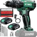 KIMO Hammer Drill - 20V 2X Battery Hammer Drill Cordless Drill Set, 350 In-lb Torque, 3/8" Keyless Chuck, 1350 RPM, 21+3 Position,14pcs Drill/Driver Bits, Power Drill Drivers for Concrete Brick Wall