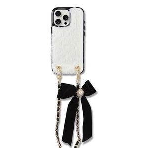 BONDIR Crossbody Case for iPhone 16 Pro Max with Gold and Black Vegan Leather Woven Chain - White Fur