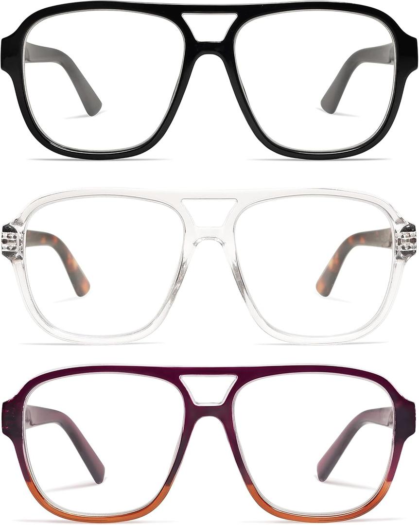 AMOMOMA 3 Pack Oversized Aviator Spring Hinge Reading Glasses for Women Men,Retro Blue Light Computer Reader Frame AM6081