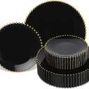 HOMIP 50PCS Fancy Disposable Dinnerware Party Set with Gold Rimed, Elegant Black Plates Include 25Pcs Dinner Plate 10", 25Pcs Dessert Plate 7" with Gold Rimed,Plastic Silverware for Wedding Party