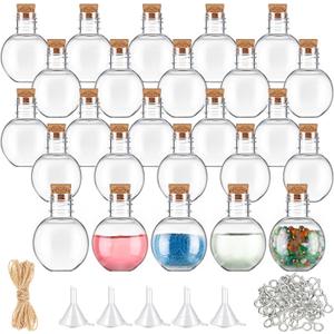 Bokon 25 Pack 1oz Plastic Mini Potion Bottles with Corks Spherical Small Sand Art jar Tiny Clear Ball Shape Liquor Bottles Bulk Wishing Vial for Birthday Halloween Party Favor DIY Crafts Gift