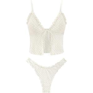 seamoly Women's Tankini Sets Tie Front Ruffle Bikini Set High Cut Thong Two Piece Swimsuit Floral Gingham Bathing Suit (Large, Beige)