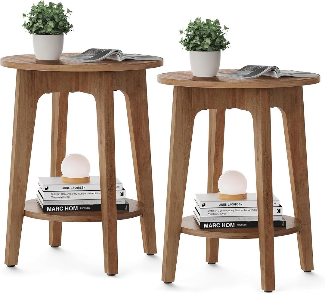 VASAGLE MAEZO Collection - Set of 2 Side Tables, 2-Tier Small Round End Tables, Nightstands with Tapered Legs, Curved Transitions, for Small Spaces, Living Room, Bedroom, Honey Brown ULET289K01, 2 Pack