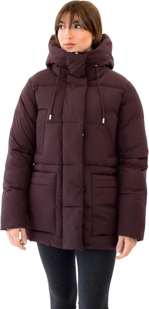 Nine West Women’s 30-Inch Hooded Puffer Coat with Utility Pockets, Warm Winter Outerwear, Merlot (X-Large)