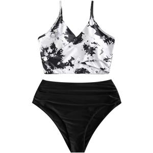 ZAFUL Women's Ruched High Waisted Tankini Swimsuit Criss Cross Bikini Set Tummy Control Bathing Suit (Large)