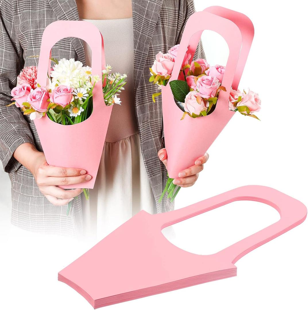 Sabary 24 Pcs Kraft Paper Flower Gift Bags Bouquet Bags with Handle Flowers Wrapping Gift Packaging Wrap Tote for Valentines Florist Wedding Party Home Decoration(Pink)